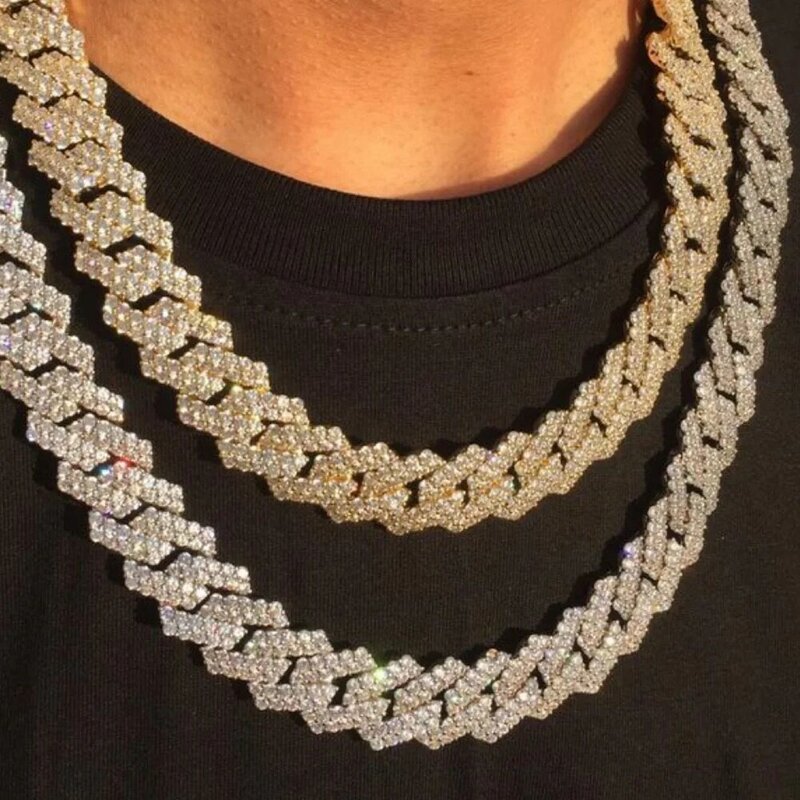 HipHop Pria Wanita 14MM Cabang Kuba Rantai Kalung Bling Es Keluar 2 Baris Berlian Imitasi Diaspal Miami Rhombus Kuba Kalung Perhiasan