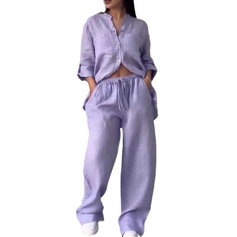Conjunto de pantalones de dos piezas para mujer, camisa de manga larga con bolsillos, informal, suelto, a la moda, para oficina, primavera y otoño