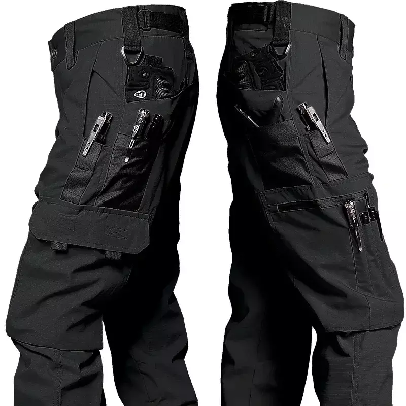 Pantalones Cargo de camuflaje negro para hombre, pantalones impermeables multibolsillos para exteriores, entrenamiento resistente al desgaste, pantalones de trabajo de pesca, otoño