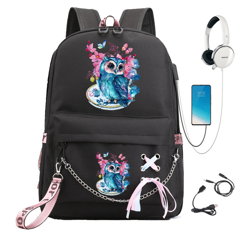Tas punggung anak perempuan, ransel sekolah untuk anak remaja, tas sekolah Anime bunga burung hantu, tas buku dasar, ransel pengisian Usb