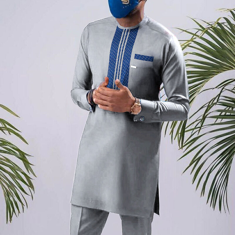 Top Men Muslim Shirt Long Sleeved Blouse Patchwork Round Collar Casual Morocco Dubai Arab Islam Summer Shirts Kaftan Hombre