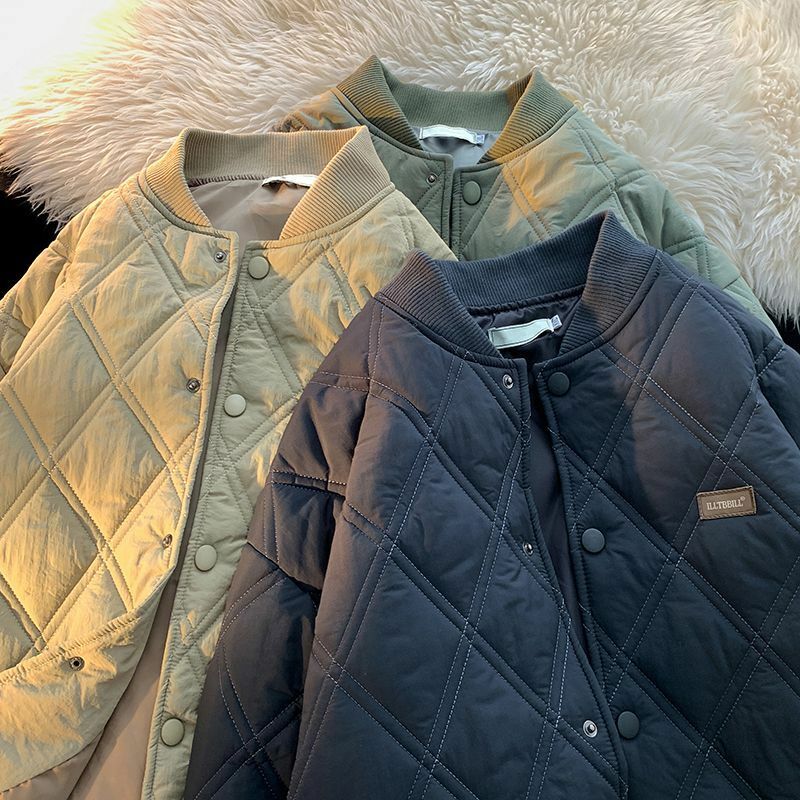 남성용 스탠드 칼라 두꺼운 단추 방풍 야구 재킷, 캐쥬얼 단색 따뜻한 커플 재킷, 하이 스트리트 패딩 의류, 겨울