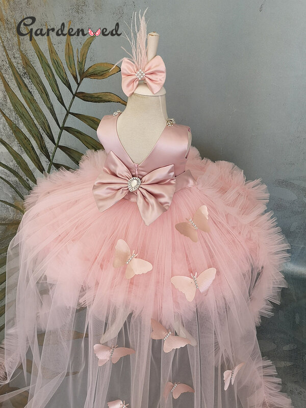 Puffy dziewczyna sukienka różowy sukienka dla dzieci z pociągu dziewczęca sukienka w kwiaty łuk słodkie dziecko suknie urodzinowe Frist komunii