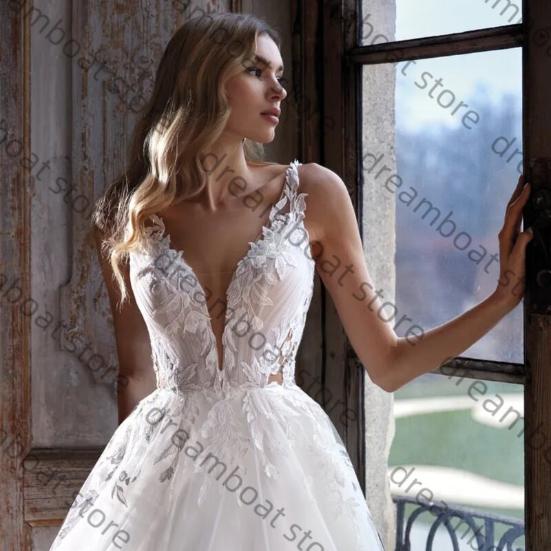 Charming A Line Wedding Dress Tulle V Neck With Lace Applique Spaghetti Straps Sleeveless With Sexy Backless Vestido De Novia
