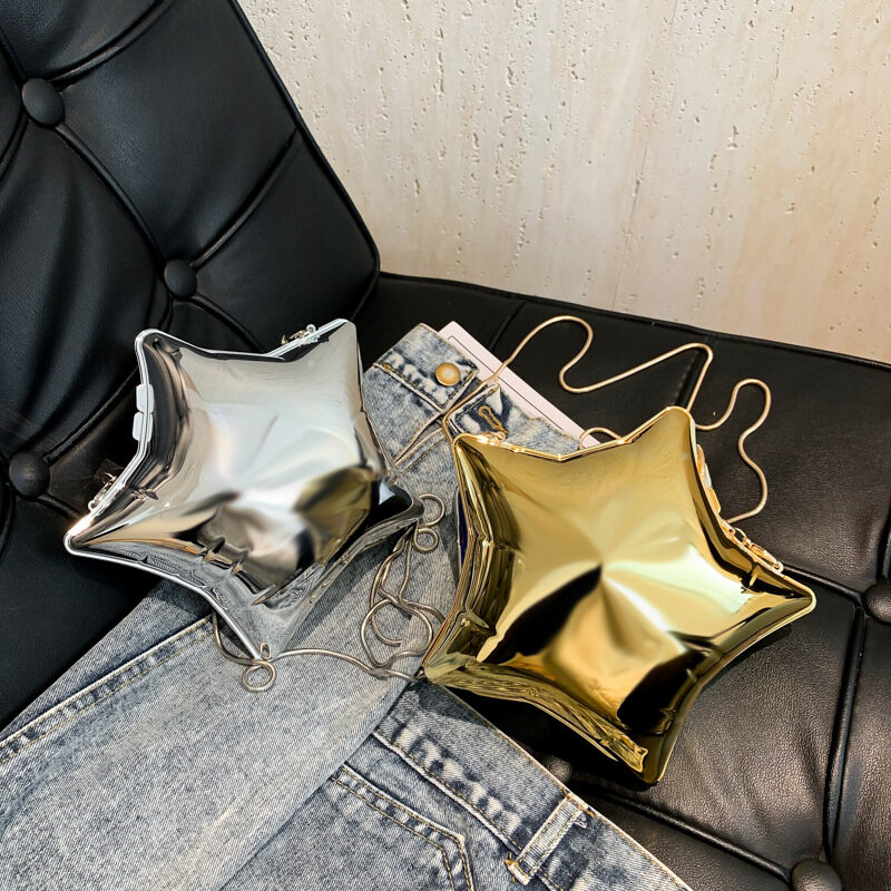 Нишевый дизайн, Золотая и серебряная цепочка, Женская вечерняя сумка 2024, новая сумка через плечо с ярким лицом и пятиконечной звездой, забавная женская сумка