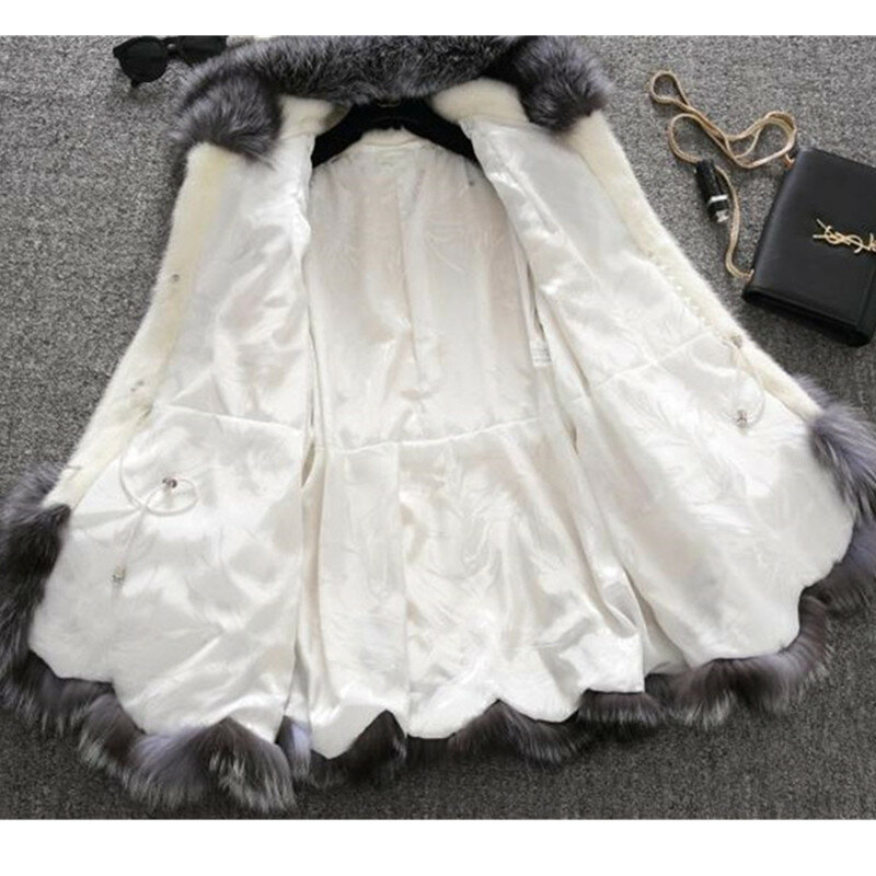 Mantel bulu palsu wanita bertudung, atasan bulu rubah musim gugur dan musim dingin 2023 ukuran besar 6XL baju Natal wanita