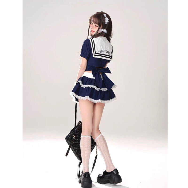 Japan Kawaii JK Cute Uniform Sailor Suit Summer Women Clothing Navy Neck Tie Up Bow Top High Waist Fluffy Short Skirt Girl New