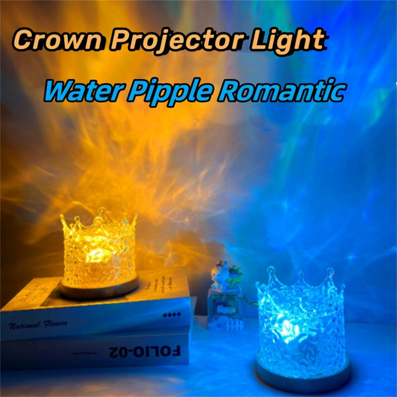 Lampu meja LED kristal mahkota, lampu malam proyektor riak air putar dinamis 3D, lampu meja LED, dekorasi rumah kubus riak air
