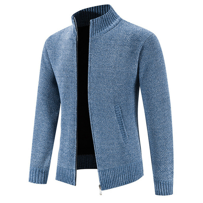Sweter Musim Gugur Musim Dingin Baru Mantel Sweter Rajut Hangat Kardigan Bulu Pria Kerah Tegak Solid Mantel Rajut Ramping Ritsleting