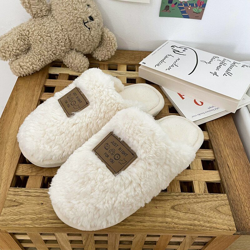 Feslishoet-Pantoufles d'intérieur en coton pour hommes et femmes, chaussures de couple, toboggans chauds et confortables, fourrure, maison, hiver
