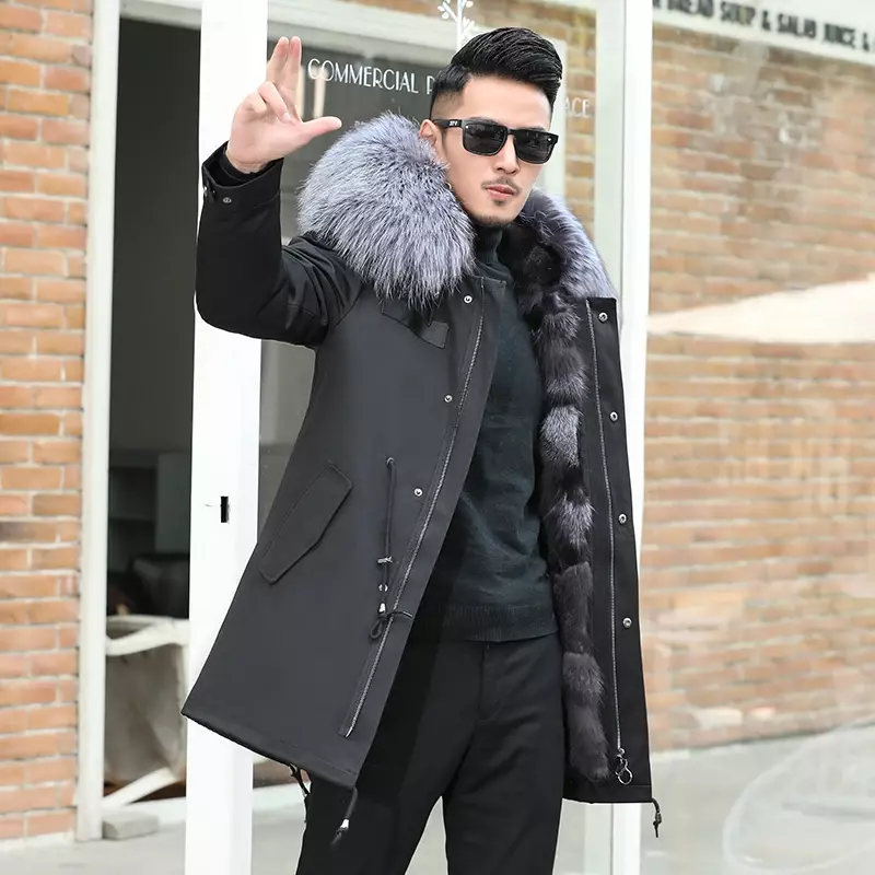 Moda inverno jaqueta de roupas dos homens parkas longo 2021 novo com capuz forro de pele de raposa casaco de pele masculino jaqueta de pele para homem maré