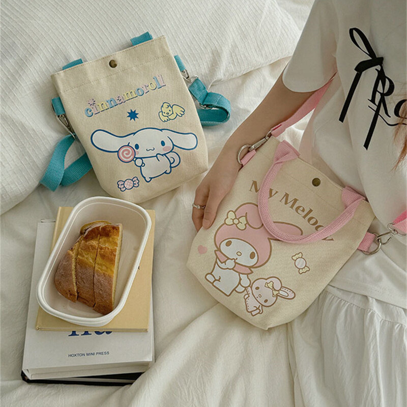 Sanrio-Bolso Diagonal de lona con estampado Kawaii, bolsa de almacenamiento con estampado de Hello Kitty, Cinnamoroll, Kuromi, My Melody, regalo de vacaciones
