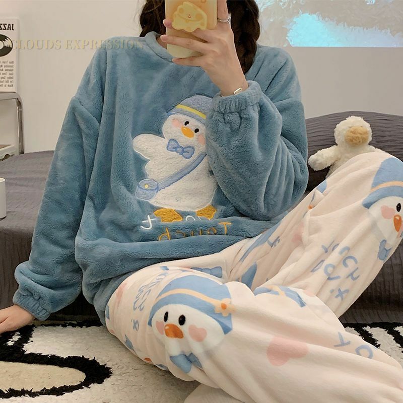 Autunno inverno Kawaii Cartoon pigiama set donna pigiama Plaid flanella Loung Sleepwear Girl Pijama Mujer Night Suits Homewear PJ