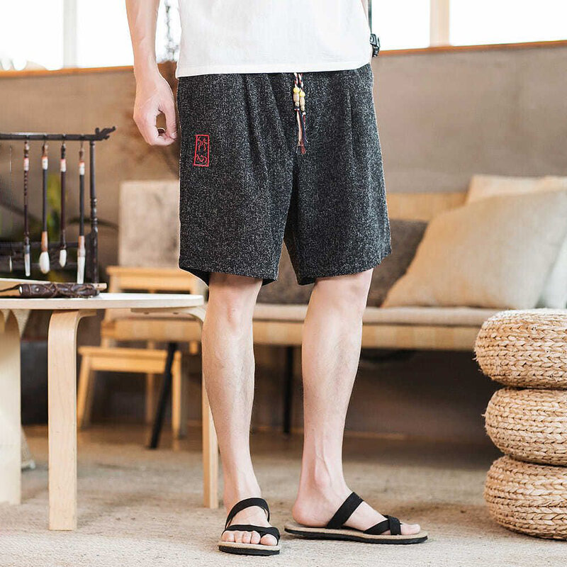 Algodão e linho estilo chinês tradicional étnico shorts bordado cordão design solto casual cinco pontos praia shorts