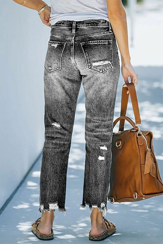 Celana Jeans biru untuk wanita 2024 celana panjang lurus ibu pinggang tinggi lubang Denim musim gugur celana panjang kasual Streetwear Y2k celana Kapri longgar