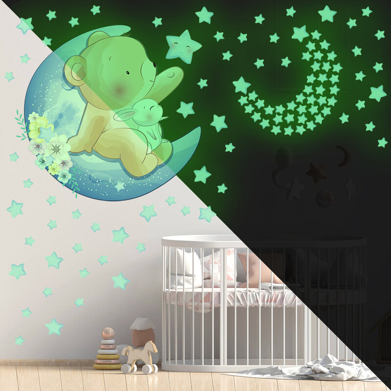 Pegatina de pared luminosa de estrellas de animales de dibujos animados para habitación de niños, papel tapiz de decoración del hogar, pegatinas de combinación que brillan en la oscuridad