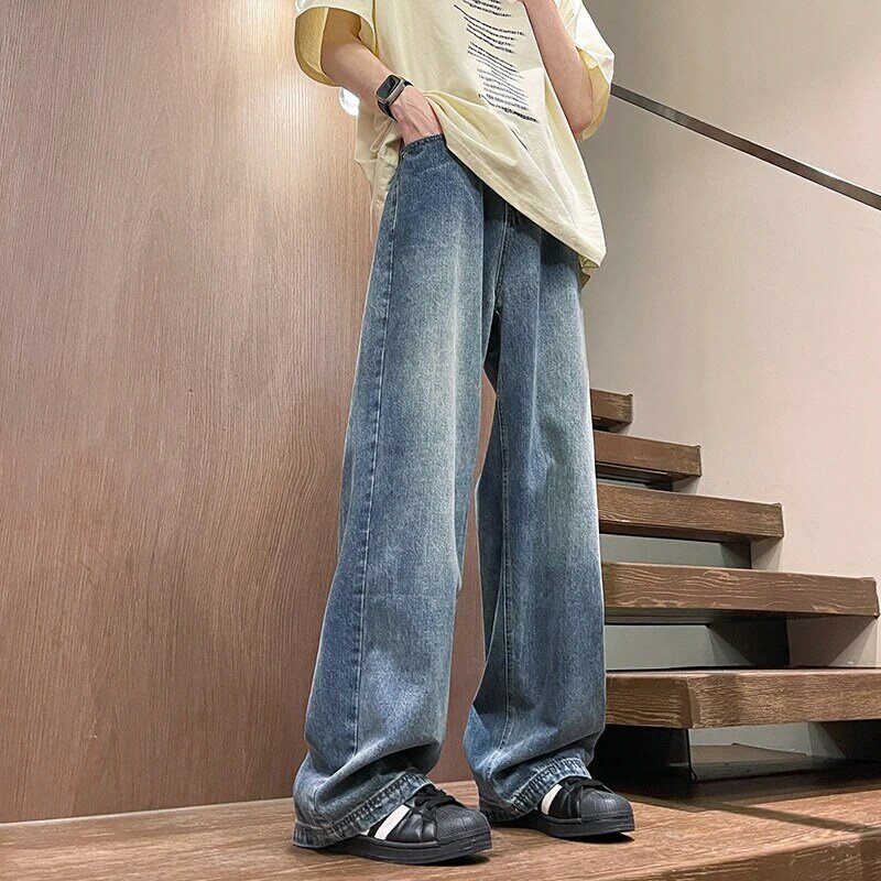 Vintage wash wide-leg jeans new loose straight leg pants for menVintage wash wide-leg jeans new loose straight leg pants for men