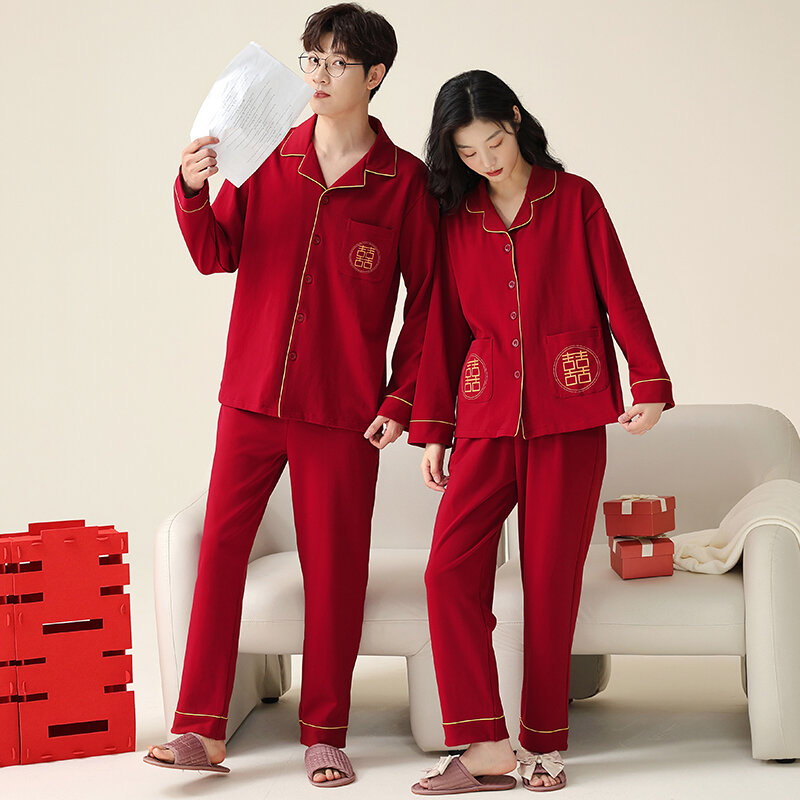 Conjunto de pijamas de algodón para parejas, ropa de dormir suelta de manga larga para hombres y mujeres, camisones para amantes, celebración de boda, Pijama Rojo, otoño