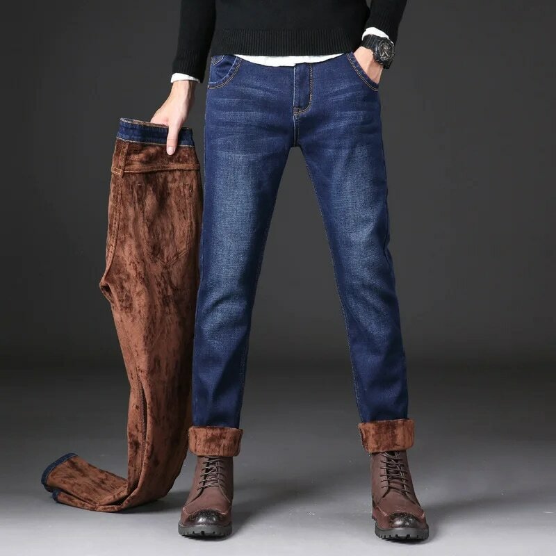 2022 Зимние новые мужские теплые джинсы деловые повседневные эластичные плотные тонкие джинсовые брюки Брендовые брюки черного размера плюс 38 40
