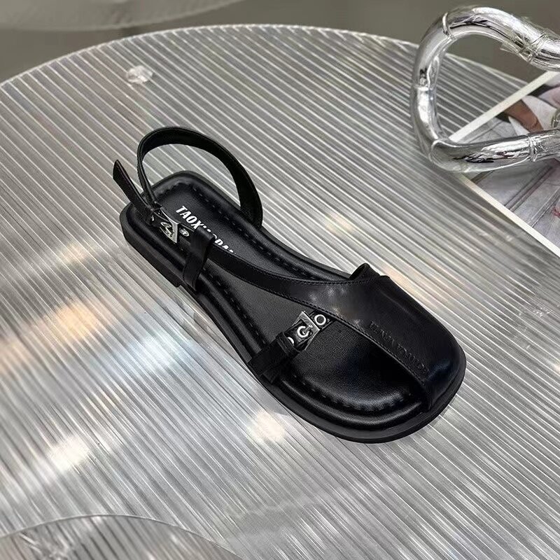 Summer New Style Women Sandals Square Buckle Shallow Square Head Low Heel Shoes Patent Leather Single Shoes Outer Wear Fashion