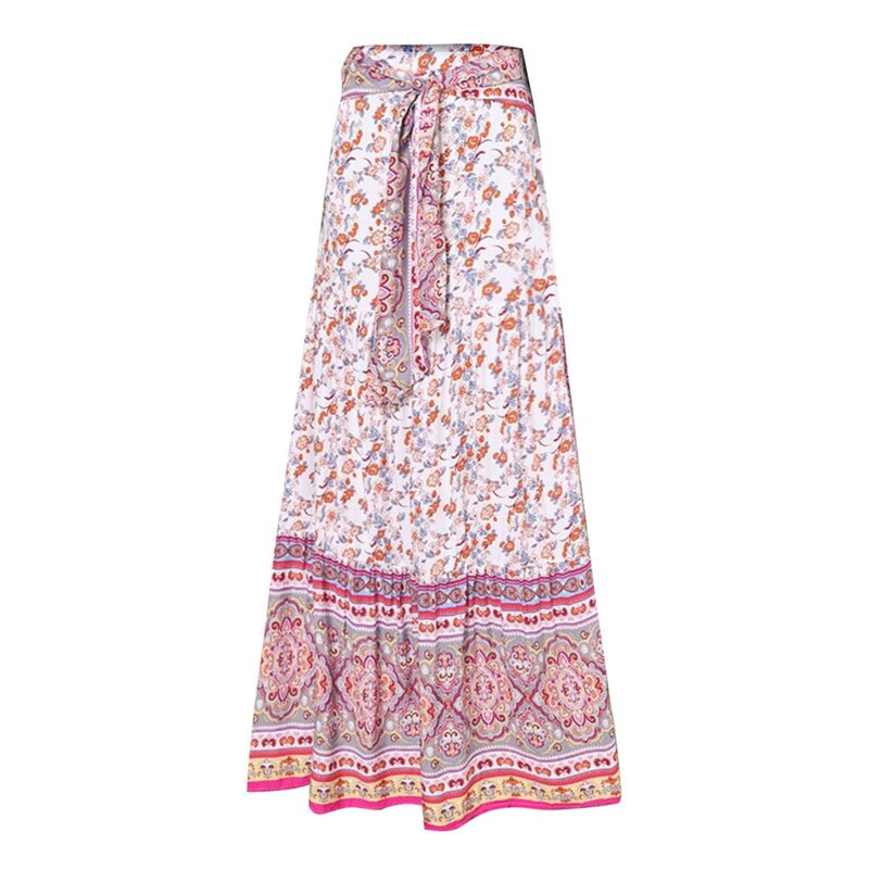 Damska spódnica z kwiatowym nadrukiem Retro w stylu etnicznym luźna, wysoka w talii duży rozmiar o średniej długości sukienka dla literackiej artystycznej pani latem