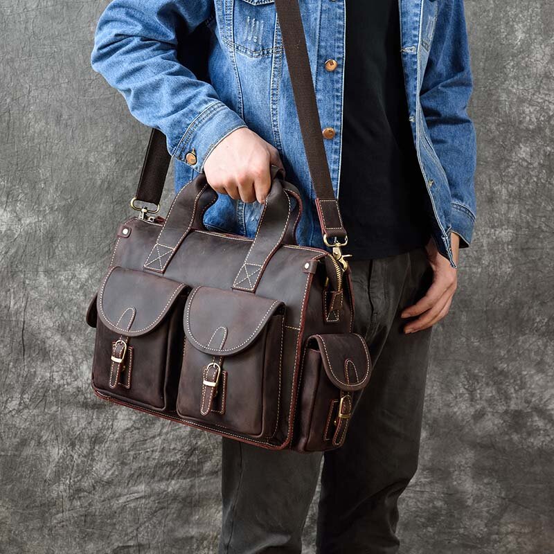 Genuine Leather Men's Briefcase Vintage Crazy Horse Leather Male Laptop Bag Business Messenger Bag Work Tote Shoulder Bag