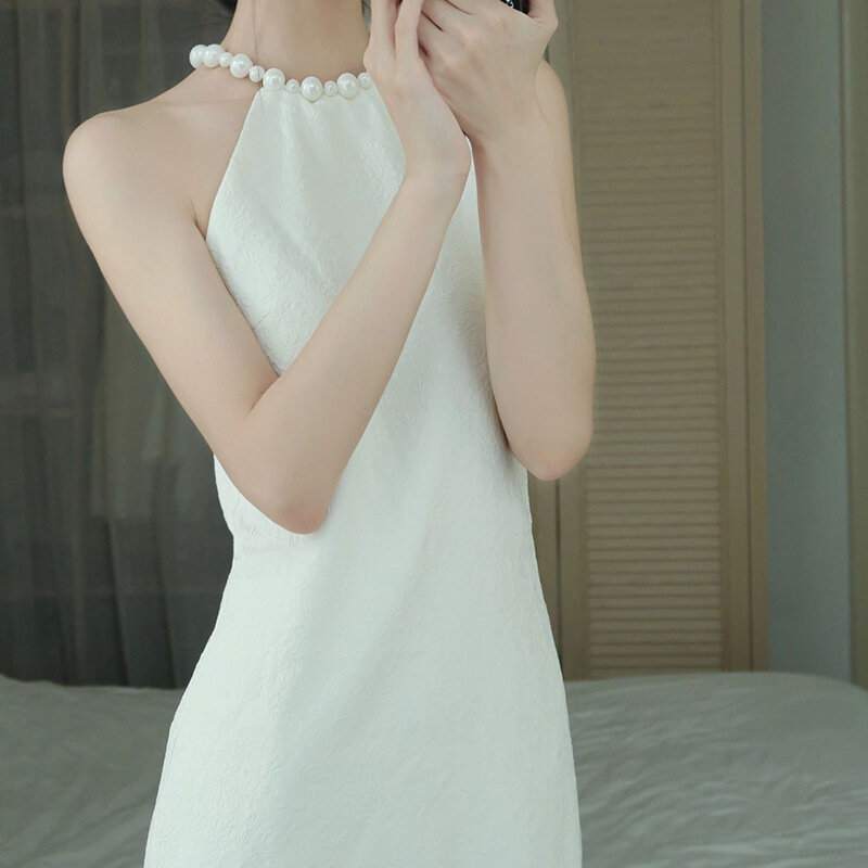 ETESANSFIN, новинка 2023, женское элегантное облегающее вечернее платье с жемчужинами и лямкой через шею без рукавов с талией