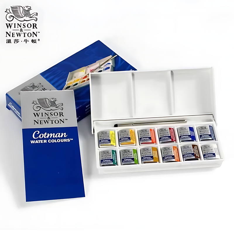 Winsor & Newton Cotman portabel bepergian 12 warna cat air Solid sketsa cat setengah palet perlengkapan seni cat air