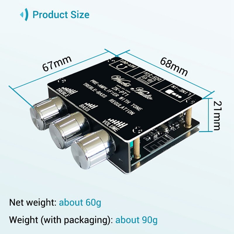 Bluetooth 5.0 Decoder Board Dual Channel Stereo Low Noise High and Low Tone Pre-Module Amplifier Board ZK-PT1