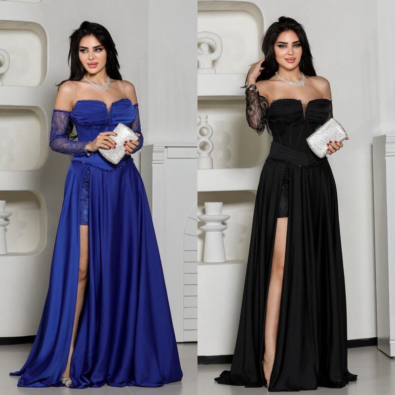 Satin Beading Sequined Draped Clubbing A-line Off-the-shoulder Bespoke Occasion Gown Long Dresses