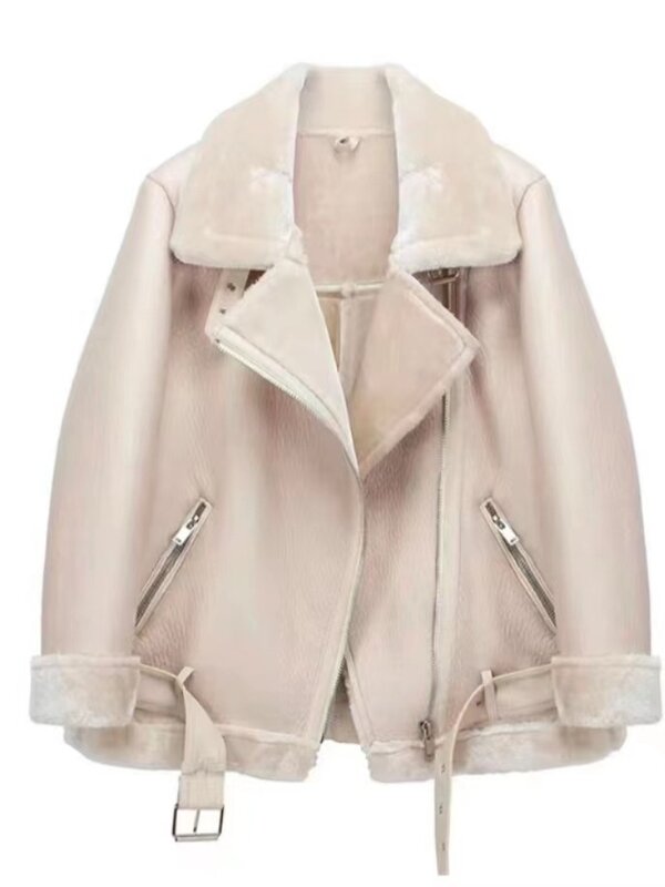 여성용 VOLALO 가죽 재킷, 턴다운 칼라 지퍼 재킷, 두껍고 따뜻한 긴팔, 시크한 재킷, 2024 가을, 겨울 패션