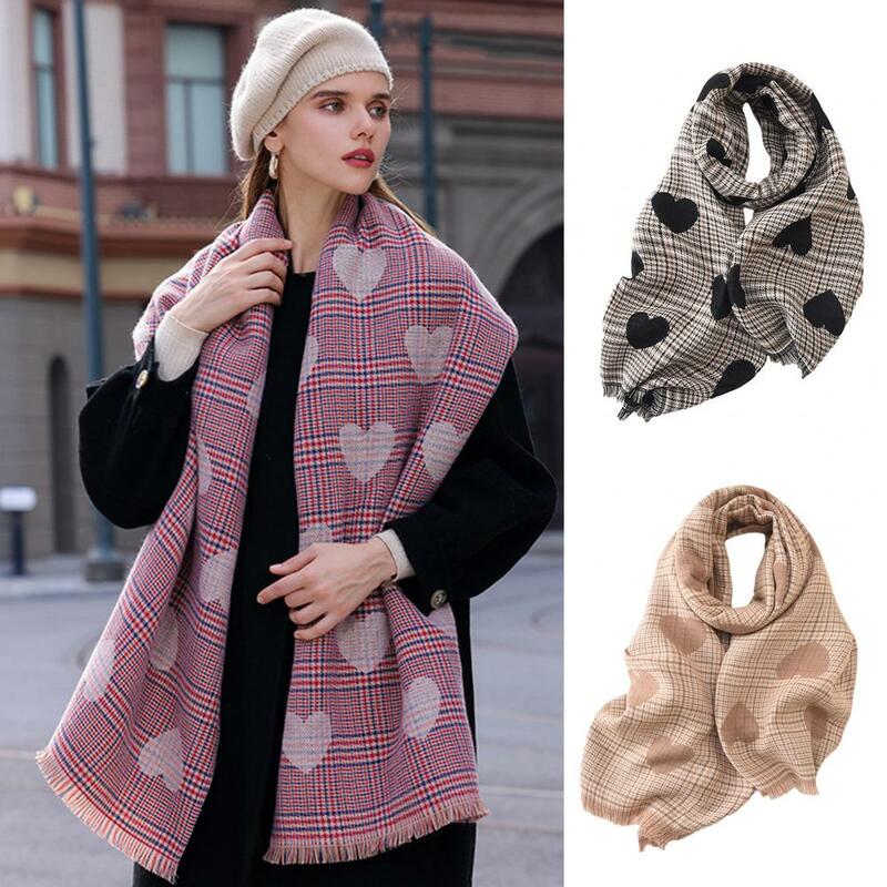 Универсальный шарф, уютный стильный женский зимний шарф, плотный ветрозащитный клетчатый шарф с принтом сердечек для холодной погоды, шарф с принтом