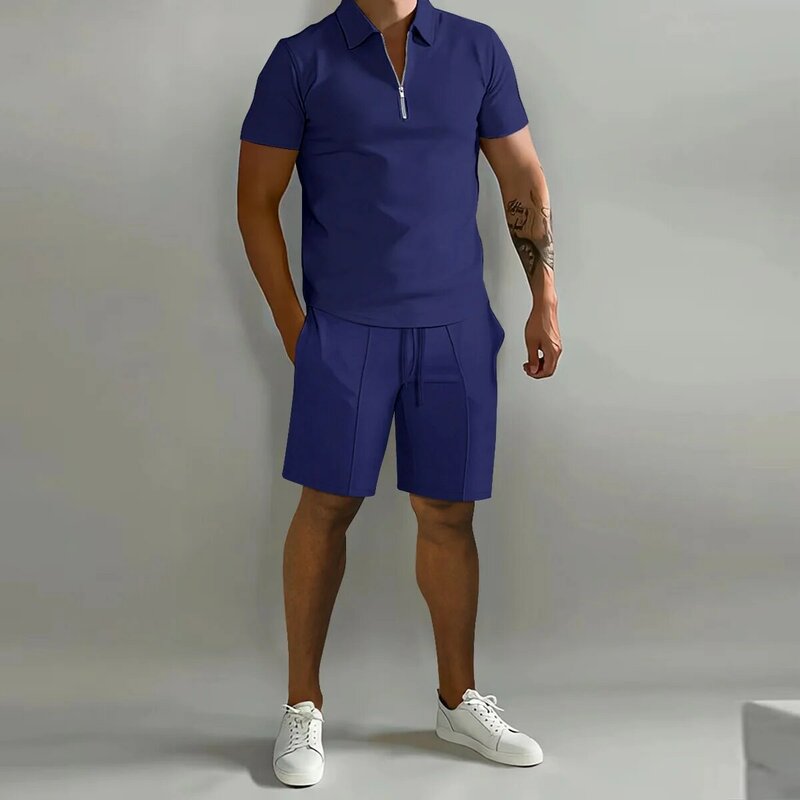 Einfarbig täglich Sommer Männer Shorts Sets lässig Reiß verschluss Revers Kurzarm T-Shirts 2 Stück Sportswear Set Herren