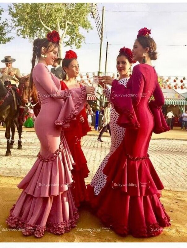 Vestidos de baile de graduación de sirena para mujer, traje de Flamenco rojo Sexy, cuello en V, mangas largas escalonadas, ropa de fiesta Formal de noche