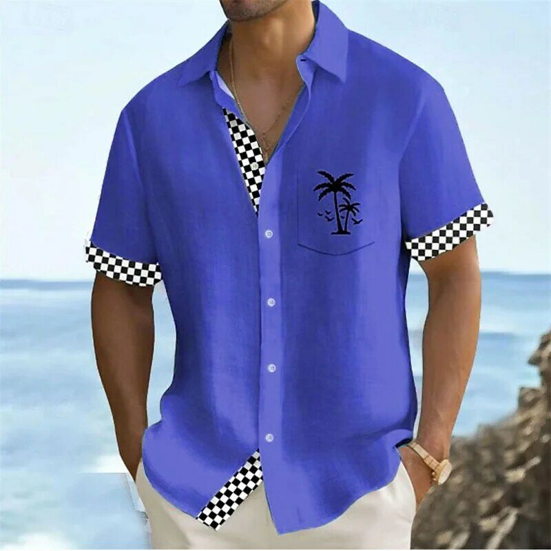 Camisa hawaiana a cuadros para hombre, camisa elástica de manga corta con solapa, 14 colores, para vacaciones al aire libre, verano, XS-5XL, 2024