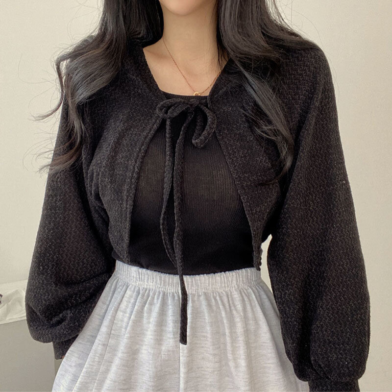 Lucyever-cárdigan de punto blanco para mujer, prendas de punto con cordones y protector solar fino, Tops femeninos de estilo coreano, abrigo corto de manga farol