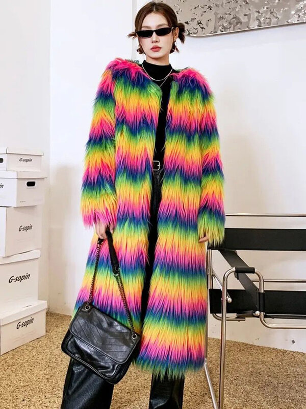 ZADORIN-casaco de pele de ovelha fofo feminino, casaco de inverno super longo, cor arco-íris, moda, 2024