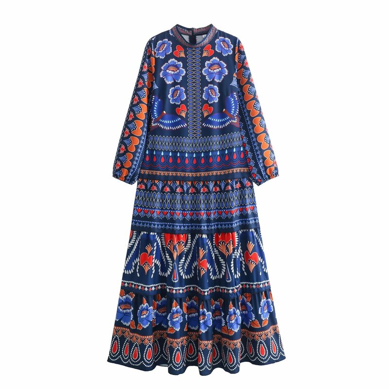 여성용 꽃 프린트 미디 원피스 빈티지 긴팔 탄성 여성 드레스 가운, 세련된 패션, 2024 신상