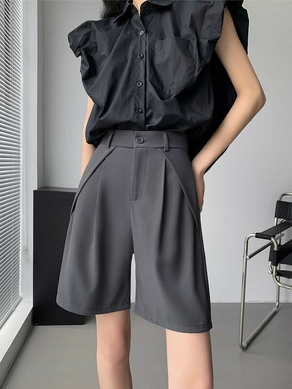 Дизайнерские серые Костюмные шорты для женщин, летние свободные трапециевидные широкие шорты из вискозы с высокой талией, новинка 2024