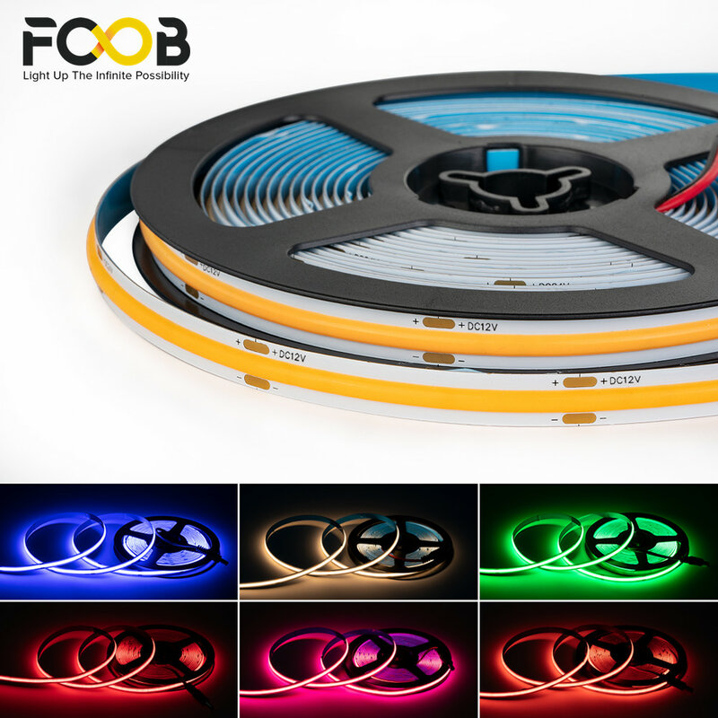 Fcob led streifen 12v flexibel 5mm 8mm breite hohe dichte blau weiß rot grün rosa gelb flexibel dimmbar ra90 cob led streifen