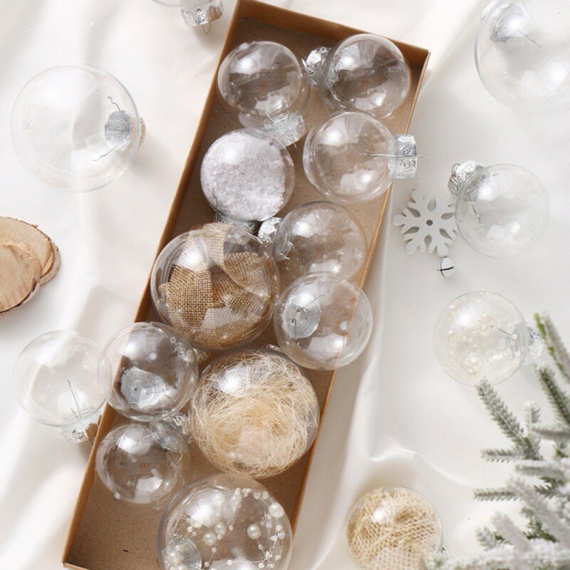 Dekorasi pohon Natal bola transparan, 12 buah/kotak, dekorasi ornamen bola Natal plastik untuk rumah dalam ruangan luar ruangan Navidad 2024