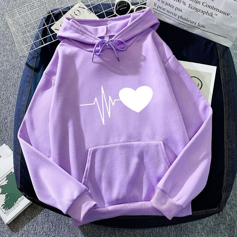 Soft Hoodie Cozy Heart Print Unisex Hoodie with Drawstring Plush Warmth Big Patch Pocket for Fall Winter Women Fleece Hoodie