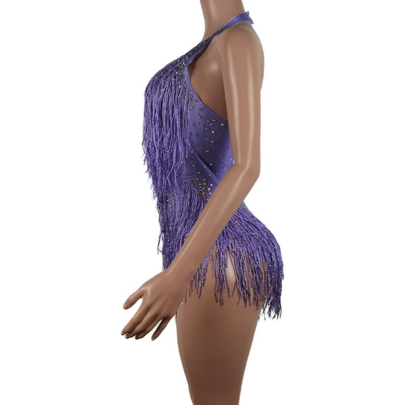 Liusu gaun pertunjukan tari Latin berlian Flash Bodysuit tiang tari bahu terbuka Leotard satu potong rumbai ungu mode baru