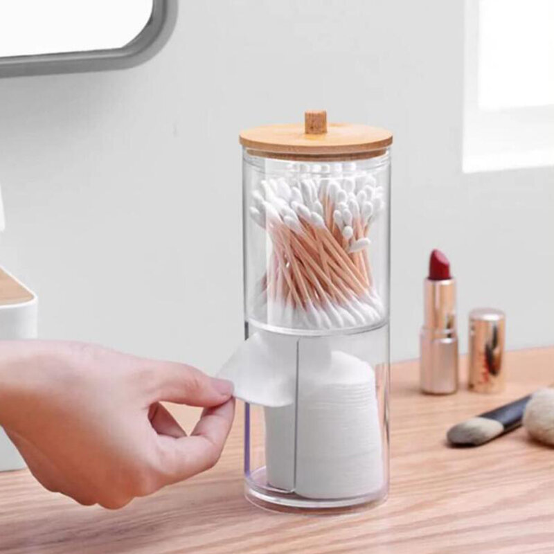 Boîte de rangement en acrylique, pot de salle de bains, organisateur de maquillage, support rond de coton-tige, distributeur de Qtip avec couvercle en bambou