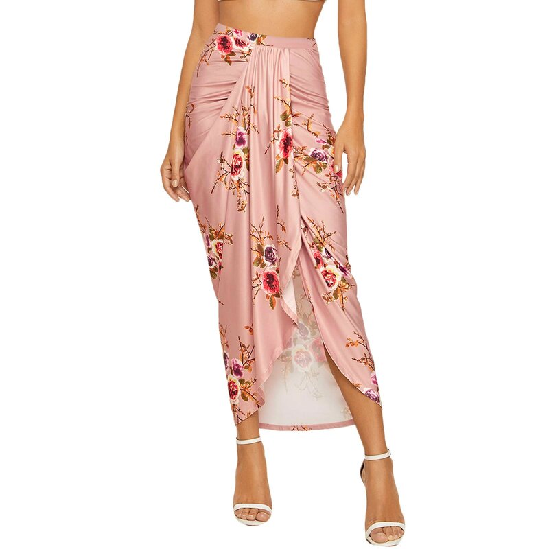 Женская элегантная юбка, Повседневная Асимметричная юбка в клетку с цветочным принтом, драпировкой, высокой талией и поясом на резинке