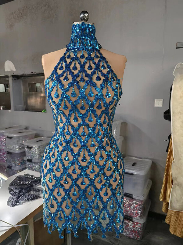2024 New Sexy Photography Dress Perspective Rhinestone Turtleneck Dress Sleeveless Sequined Skinny Dress Baby Shower Dress