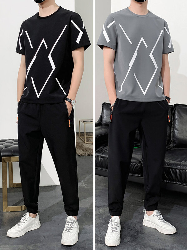 Fatos de treino masculinos tamanho grande mais tamanho moda padrão t-shirts + calças 2 peça define homem streetwear casual jogger sweat suits 8xl