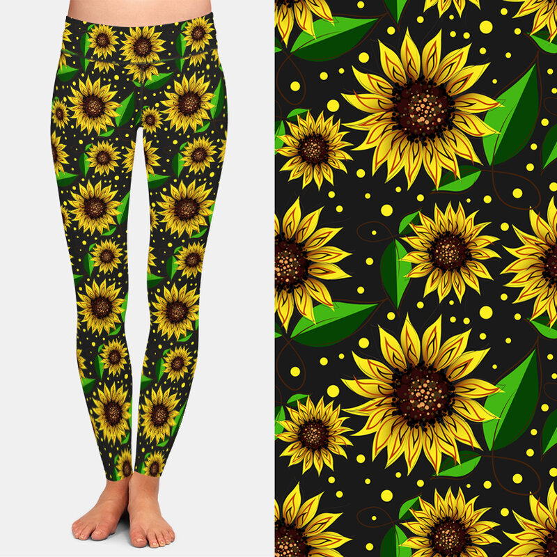 LETSFIND New Beartiful Watercolor Style Sunflowers Print Women Fitness Leggings Fshion High Waist Elastic Leggings