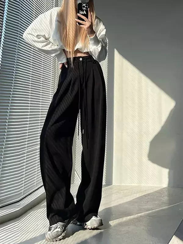 Calça feminina com cordão de cintura alta, calça reta com tubo solto, cor sólida americana, verão, nova, casual, moda coreana