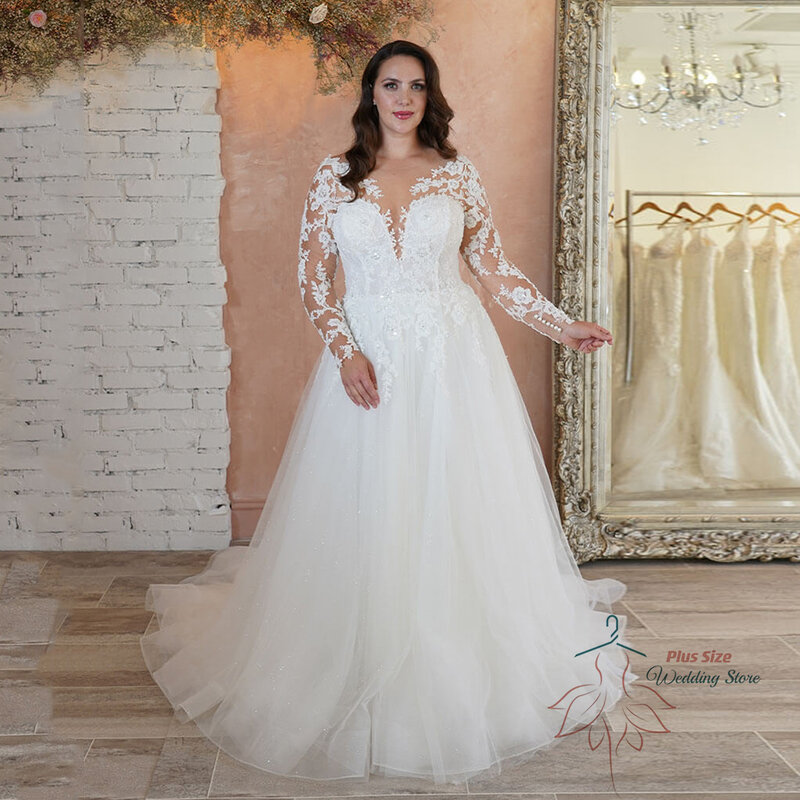 Elegant Wedding Dresses For Women Plus Size Full Sleeves O-Neck Bride Gown Lace Applique A-Line Sweep Train Robe De Mariée